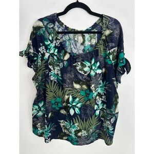 Perception Women 2X Navy Green Tropical Floral Short Sleeve Tie Blouse 212680